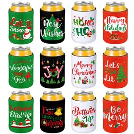 Pickmesh 12 Pcs Christmas Beer Can Coolers Sleeves Funny Neoprene Beer Can Covers Insulated Beverage Can Sleeves Bulk for Xmas Drink Bottle Winter Holiday Party Decorations