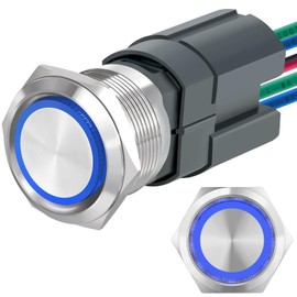(15 Amp) 22mm Latching Push Button Switch 12V DC DPST Angel Eye LED Light Stainless Steel 304 Waterproof IP67 with Wire Socket 7/8in