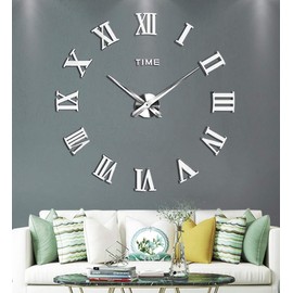 Large DIY Wall Clock Kit, 3D Frameless Wall Clock with Mirror Number Stickers for Home Living Room Bedroom Office Decoration-Silver