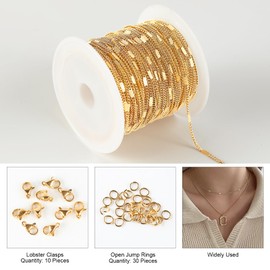 Kyutong 32.8 Feet Gold Plated Jewelry Making Chain on Spool Thin Flat Curb Chains Solid Stainless Steel Jewelry Chain for Necklace DIY with Jewelry Accessories