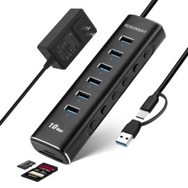ROSONWAY USB HUB 3.2 Powered 10Gbps 8 in 1 USB Hub Type-C SD/TF Slot, 6 x Type A Ports, Aluminum USB Hub with Independent Switch (RSH-A107D)
