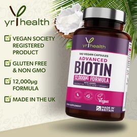 Biotin Hair Growth Supplement 12,000mcg, 180 Vegan Capsules not Biotin Tablets for Hair Skin and Nails with Coconut Oil, Vitamin C & Folic Acid, Vitamin B7 for Men and Women - Made in UK by YrHealth