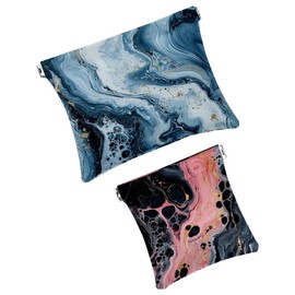 DIYmaking 2Pcs Marble Portable Mini Storage Bag for Purse, Shrapnel Makeup Pouch for Women Cosmetics, No Zipper Self-Closing for Lipstick Jewelry Organizer (Blue Pink Black Liquid)