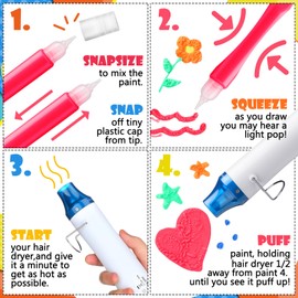 Halloscume 12 Pcs Magic Puffy Pens with Heat Blower DIY Bubble Popcorn Drawing Markers 3D Art Color Markers Foam Sensory Paint Pens for Greeting Birthday Gift Cards Holiday Family Party