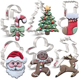LILIAO Christmas Cookie Cutter Set, 6-pc, Christmas Tree, Santa Face, Running Gingerbread Man, Reindeer, Candy Cane with Ribbon and Stocking Biscuit Fondant Cutters, Stainless Steel