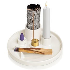 WhiteRhino 6 in 1 Incense Burner,9 Hole Brass Incense Cone Holder for Sticks,Ceramic Tray for Palo Santo Sticks,Candles,for Yoga,SPA Home Decoration-White