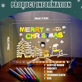 LED Note Board with Colors, Acrylic Dry Erase Board with Light, Light up Dry Erase Board with Stand as a Glow Memo LED Letter Message Board Note Glass Led Board White Board