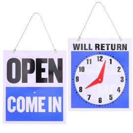 DOITOOL Welcome Door Plate Double-Sided Pvc Hanging Board with Clock Open will Return Business Sign for Store Mall Shop Home Office 8.66X7.48 Inches