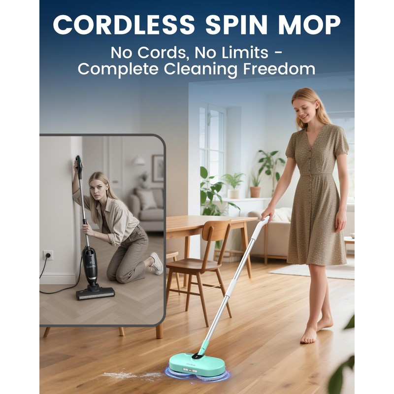 Cordless Electric Mop,Dual-Motor Powerful Spin Mop with Led Headlight&Water Spray,2600mAh