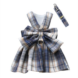 MYKOMI Pet Cat Dog Harness, Cute Checkered Bowknot Mesh Breathable Vest for Small Dogs Cats Costume Torso Harness & Leash Set (NVY, L)