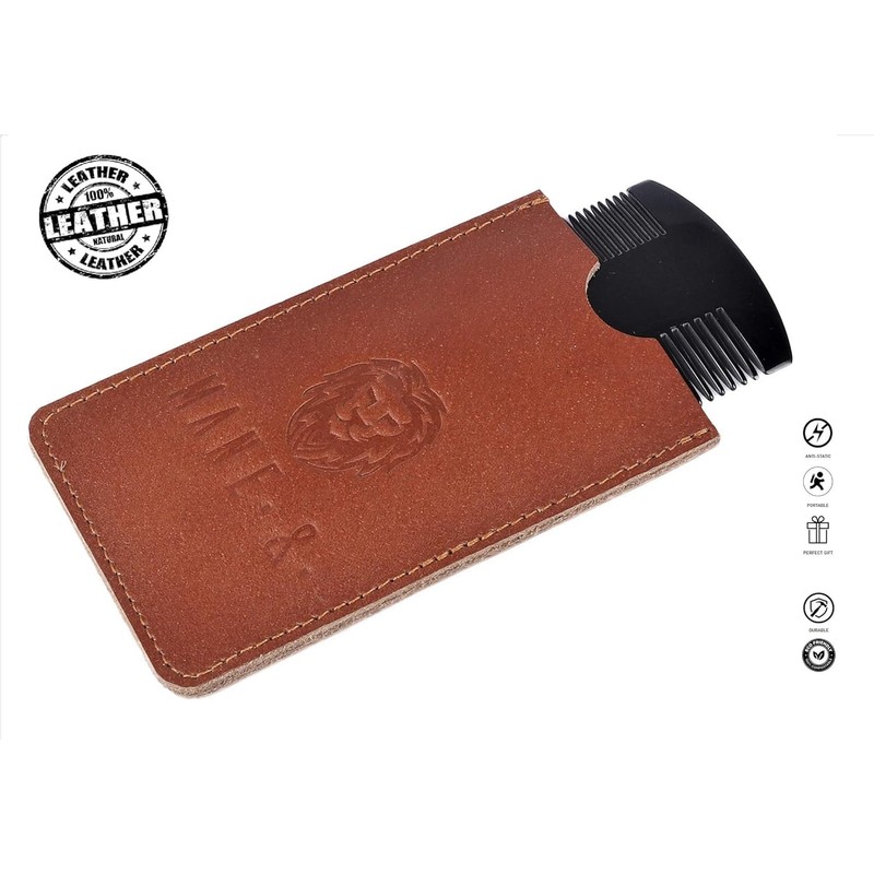 Premium 100% Oxhorn Dual-Action Beard Comb with Genuine Leather Case