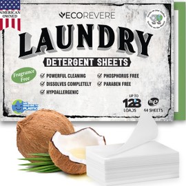 Laundry Detergent Sheets - Eco Friendly Hypoallergenic for sensitive skin, Natural Plant Based Washer Sheets, Travel Laundry Detergent, Chemical Free (64cnt/128 Small Loads) Unscented, Fragrance-Free