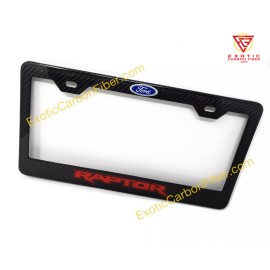 Exotic Carbon Fiber Ford Raptor Red Text and Ford Logo Carbon Fiber license Plate Frame 2x2 Gloss