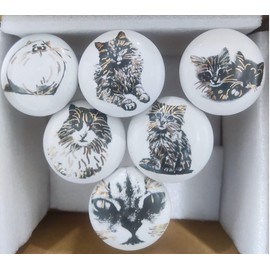 ATCUSA Vintage Multi Designed Decorative Ceramic Cupboard Kitchen Cabinet Door Knobs Bathroom Dresser almirah Drawer Pulls Retro Handles Boho Classical Glazed Hardware (Cats & Dogs - Pack of 6)