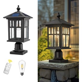 zeyu 19 Inch Solar Post Light with Pier Mount, Modern Large Solar Lamp Post Light for Patio with Remote Control, Die-Cast Aluminum with Seeded Glass Shade, Black Finish, ZX107P-SL BK