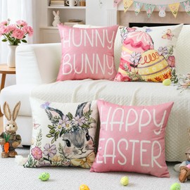 Artscope Happy Easter Rabbit Eggs Throw Pillow Covers 18x18 Inch Set of 4, Hunny Bunny Decoration Pillow Cases for Home Sofa Couch
