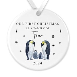 "First Christmas as a Family of Four Ceramic Bauble - Penguin-Themed Xmas Tree Ornament - Perfect for New Parents & Baby’s First Festive Season"