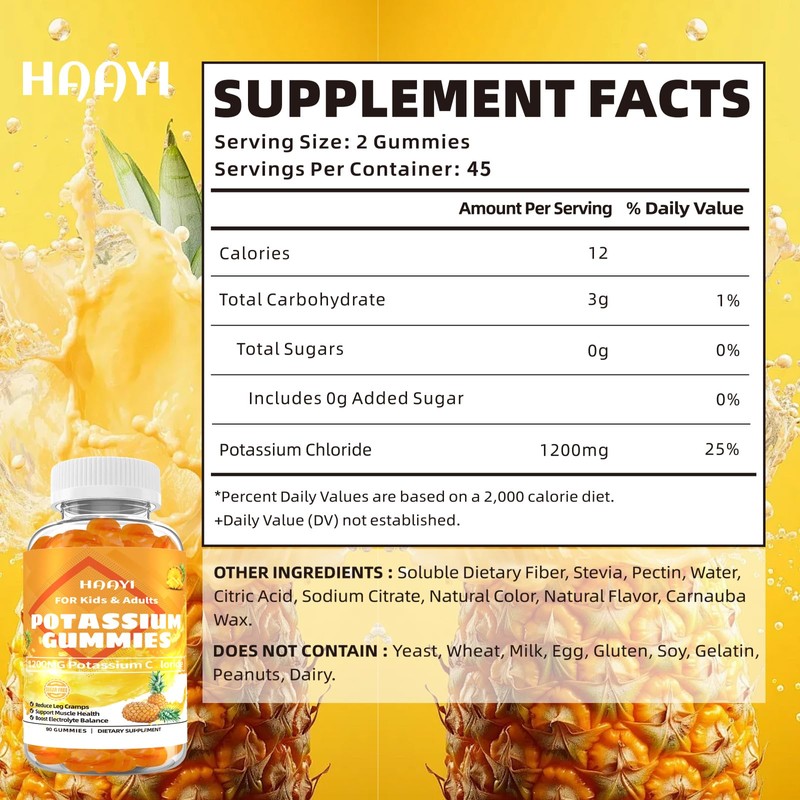 HAAYI 1200mg Potassium Chloride Supplement Gummies for Adults Women Men，High