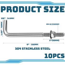 Yaocom 10 Pieces Anchors Bolts 3/8-16 x 6 Inches 304 Stainless Steel Concrete J Bolts Cement Post Anchor Bolts Fastener with Nut Washer Bracket for Concrete Pad Pouring Wood Concrete Projects