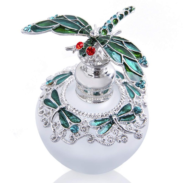 YU FENG Vintage Dragonfly Crystal Perfume Bottle Empty Refillable Decorative Glass Bottles for Essential Oils, Lotion, Toner (Green, 40 ml)