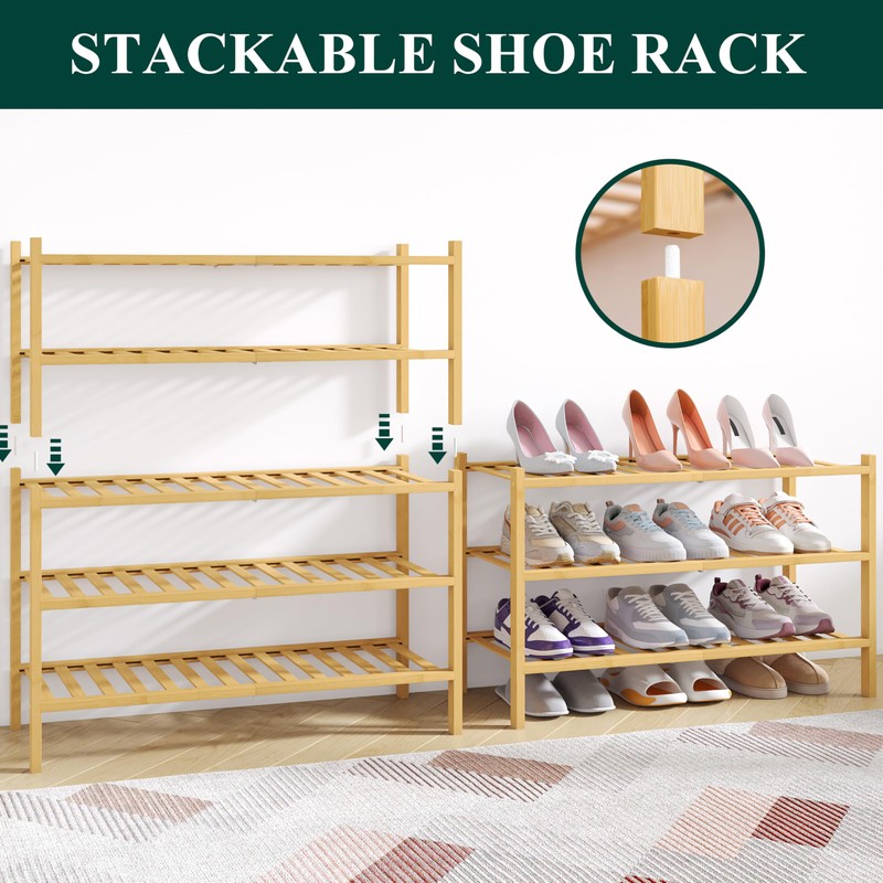 Smiry Bamboo Shoe Rack for Closet, 3 Tier Wooden Stackable