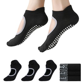 QFM Grip Pilates Socks for Women Non Slip Yoga Socks Open Top Athletic Socks for Barre Ballet Barefoot Workout Hospital (3 Pair-Black)