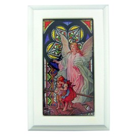 Catholic Religious Guardian Angel Stained Glass White Wood Musical Jewelry Box, 6 1/2 Inch