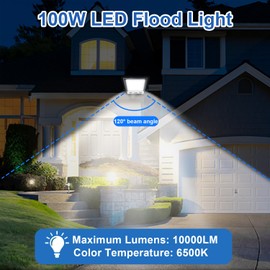 CREATESTAR 2 Pack 100W LED Flood Light Outdoor, 10000LM Bright LED Work Lights Plug in, IP66 Waterproof Exterior Floodlight, 6500K Security Light for Patio, Backyard, Lawn, Stadium, Playground