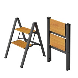 WOA WOA 2 Step Ladder, 2 Step Stool Foldable, Lightweight Small Ladders for Home, Compact Kitchen Step Stool for Adults, Wide Aluminum Pedals, Non-Slip Feet, Capacity 300lbs - Black&Wood Grain