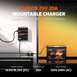 LiTime 12V(14.6V) & 16V(18.25V) 20A Mountable LiFePO4 Battery Charger - IP65 Waterproof AC to DC Fast Charger with Adjustable Voltage, Smart BMS Activation & LED Indicator