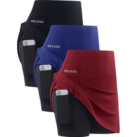 NELEUS Women's 2 in 1 Tennis Skirts with Pockets High Waisted Athletic Running Shorts Golf Skirt,Black/red/Blue,3 Pack,XX-Large
