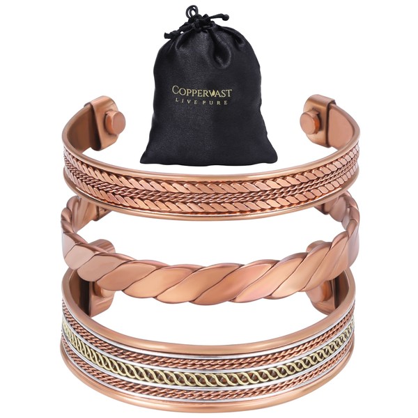 Coppervast Copper Bracelets- for Men and Women| Set of 3 with Gift Bag |Handmade 100% Copper (Braided)|