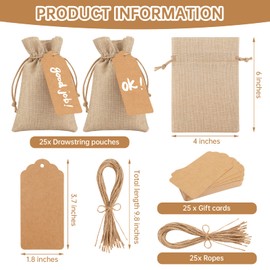 25PCS Burlap Gift Bags With Drawstring, 4x6" Small Party Favor Gift Bags + Bonus Gift Tags & String, Gift Bag Small Size for Party, Jewelry Pouches, Christmas, Festival, Kids Birthday, Coffee, DIY Craft Pouch