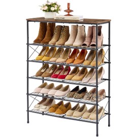 Tajsoon 6 Tier Free Standing Shoe Rack for 20-24 Pairs of Shoes, Shoe Shelf for Entryway Shoe Storage with X Shape Fixed Frame, Metal Mesh Shoe Rack for Closet, Rustic Brown & Black
