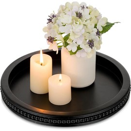 Decorative Serving Tray Wood: White Washed Bead Round Tray Decor for Coffee Table Rustic Wooden Trays Farmhouse Centerpiece for Living Room Kitchen Counter Plates Tea - Color: black