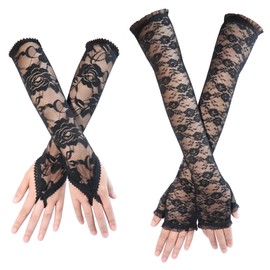 Wovanoo Long Lace Gloves 2Pcs Fingerless Fishnet Gloves 1920s Evening Party Gloves for Women Set 5