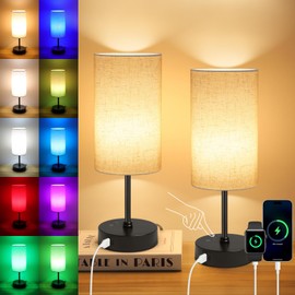 Ascher 2 Pack Table Lamp RGB Color Changing - 3 Color Temperatures Stepless Dimmable Small Bedside Lamp for Bedroom, Touch Control Nightstand Light with Flaxen Shade for Reading Home Decor Lights