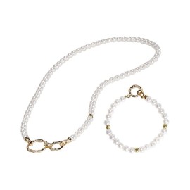 IDOKAWA White Pearl Strands Necklace Gold Link Combo Set for Women (White)