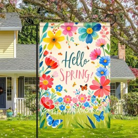 BlissYard Spring Garden Flag Garden Decor Colorful Wildflowers Butterflies "Hello Spring" Backdrop Design Spring Garden Flag for Outside Double-Sided 12x18 Inches Outdoor Yard Flag for Seasonal Decor