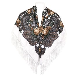 Russian Style Muffler Warm Scarf with Tassel Women's Traditional Scarf Wrap Shawl Fringes Printing Cape (White)