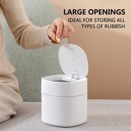MAJOYLIFE Table Bin with Lid, 2 Litres, Mini Waste Bin for Desk, Dressing Table, Bedside Table, etc., ABS + Polypropylene (13 x 13 x 14 cm, White)