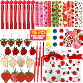 Strawberry Birthday Party Favors Kit – 146 PCS | Includes Slap Bracelets, Wood Painting Crafts, Paints, Brushes, Stickers, Keychains, Gift Bags, Bubbles & Ropes | Strawberry Themed Party Supplies