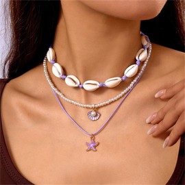 Shell Beach Choker Necklace Set for Women Boho Layered Beaded Adjustable Starfish Conch Shell Nacklace Imitaion Pearl Rice Beads Necklace Summer Ocean Vacation Jewelry-Purple