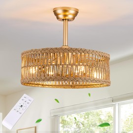 OPKMB 20 inch Gold Semi Flush Mount Rattan Ceiling Fan Light Fixture, Drum Shade with 7 Transparent Blades,Remote Control, E26 Base, Reversible Motor, Farmhouse Boho Style