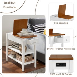 Narrow End Table with Charging Station, Side Table with 2 USB Ports & 2 Outlets, Nightstand with Storage, Sofa Bedside Table with 2 Open Storage Shelves & Drawer, Farmhouse End Table for Living Room W