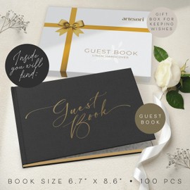 ARTESORI - Libro de visitas de boda negro - Libro de visitas en blanco dorado para recepción de boda, invitado funeral y baby shower para iniciar sesión, fotos de lino y libro de visitas Polaroid