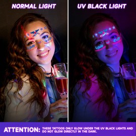 EMOME 4th of July Decorations, 5 Sheets 4th of July Temporary Tattoos Glow in the UV Black Light, Independence Day Neon Face Paint Tattoos Stickers for Women, Glow Party Supplies