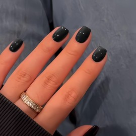 KQueenest Cat Eye Press on Nails Short, 30 Pcs Glass Black Press on Nails Square, Acrylic Fake Nails Press on Short, Sparkly Chrome Design, Reusable Soft Gel Glue on Nails for Women Halloween