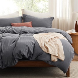 Bedsure California King Size Duvet Cover with Fitted Sheet - 4 Pieces Prewashed Cotton-Like Extra Soft Bedding Set, Includes 1 Duvet Cover 104x98 Inches, 2 Pillow Shams, 1 Fitted Sheet, Dark Grey