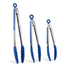COOK WITH COLOR Stainless Steel Silicone Tipped Kitchen & BBQ Tongs Set, 3 Pc. Tongs, Blue